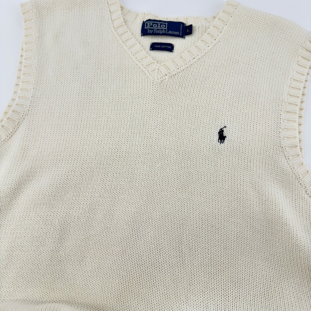 Polo Ralph Lauren Sweater Vest Mens Large Cream Cotton V-Neck Pony Vintage